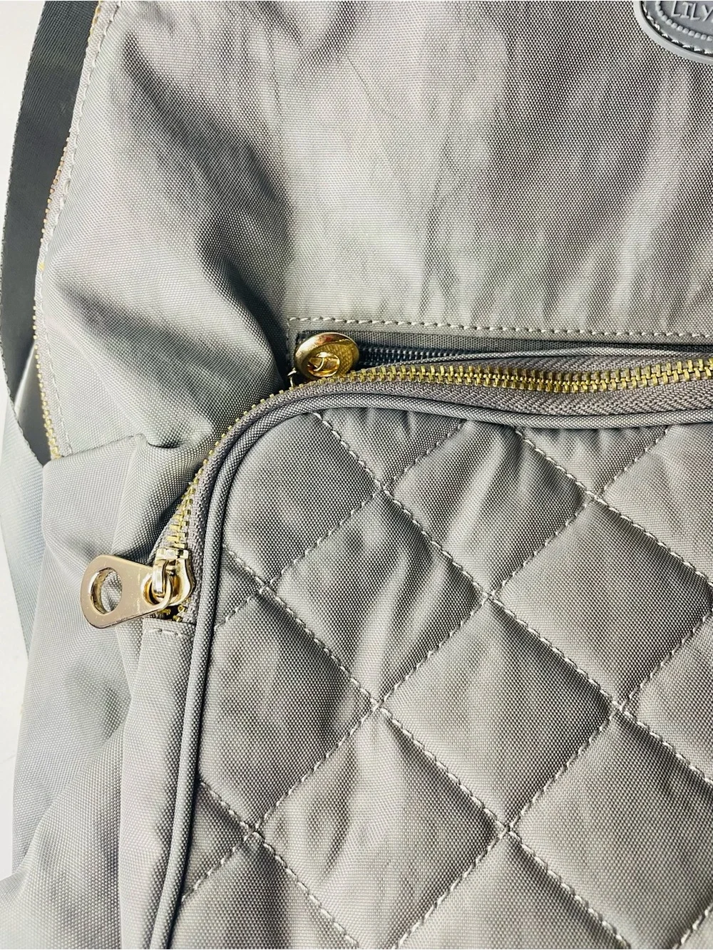 Lily & Drew Light wright Gray Nylon Backpack Organizer Gold Zippers Spacious